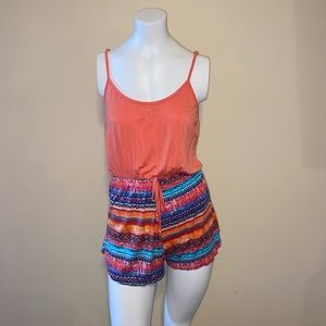 Coral and multicolor beachy romper